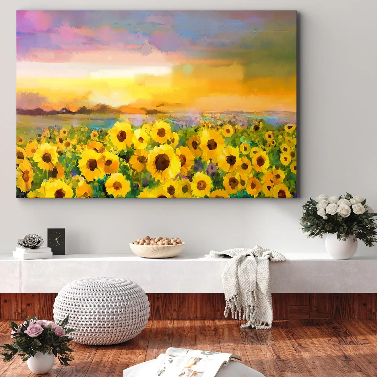 Vászonkép - Napraforgómező a lenyugvó nap fényében - 70x50cm - A nap maga szállt le a földre - Modern fali dekoráció nappalihoz és hálószobához ARTTOR