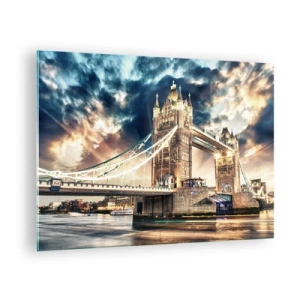 Üveg kép - Tower Bridge Londonban drámai égbolton - 70x50cm - A viktoriánus birodalom emlékműve - Modern fali dekoráció nappalihoz és hálószobához ARTTOR