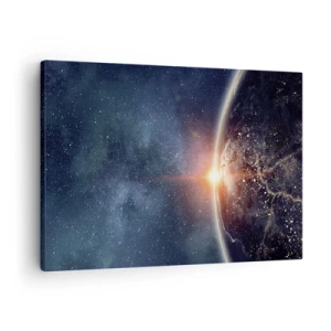 Vászonkép - A Föld az űrből látható a felkelő Nappal - 70x50cm - Új perspektívában - Modern fali dekoráció nappalihoz és hálószobához ARTTOR
