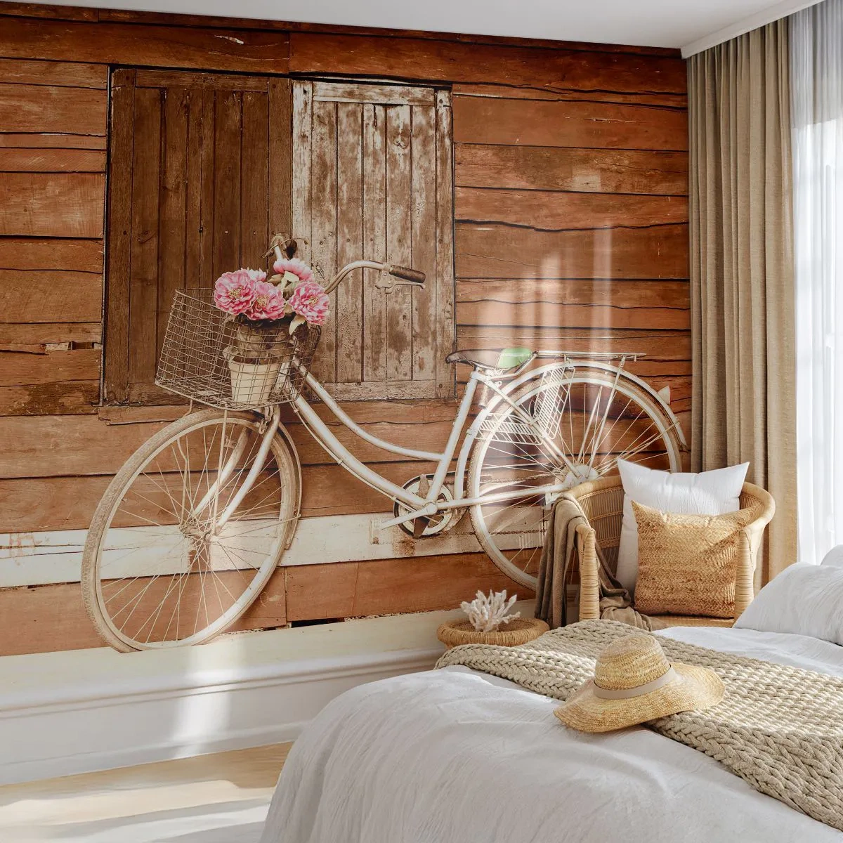 Fotótapéta Premium Sand - Mindjárt jövök - Kerékpár, Virágok, Faház - 250x175 cm