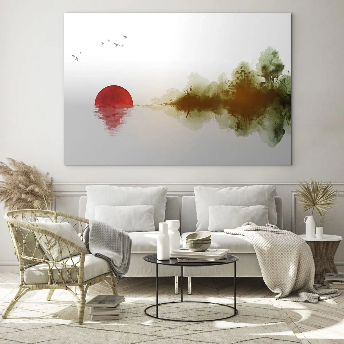 Üveg kép - Vörös nap a víz és az erdő körvonalai felett - 70x50cm - A béke ígérete - Modern fali dekoráció nappalihoz és hálószobához ARTTOR
