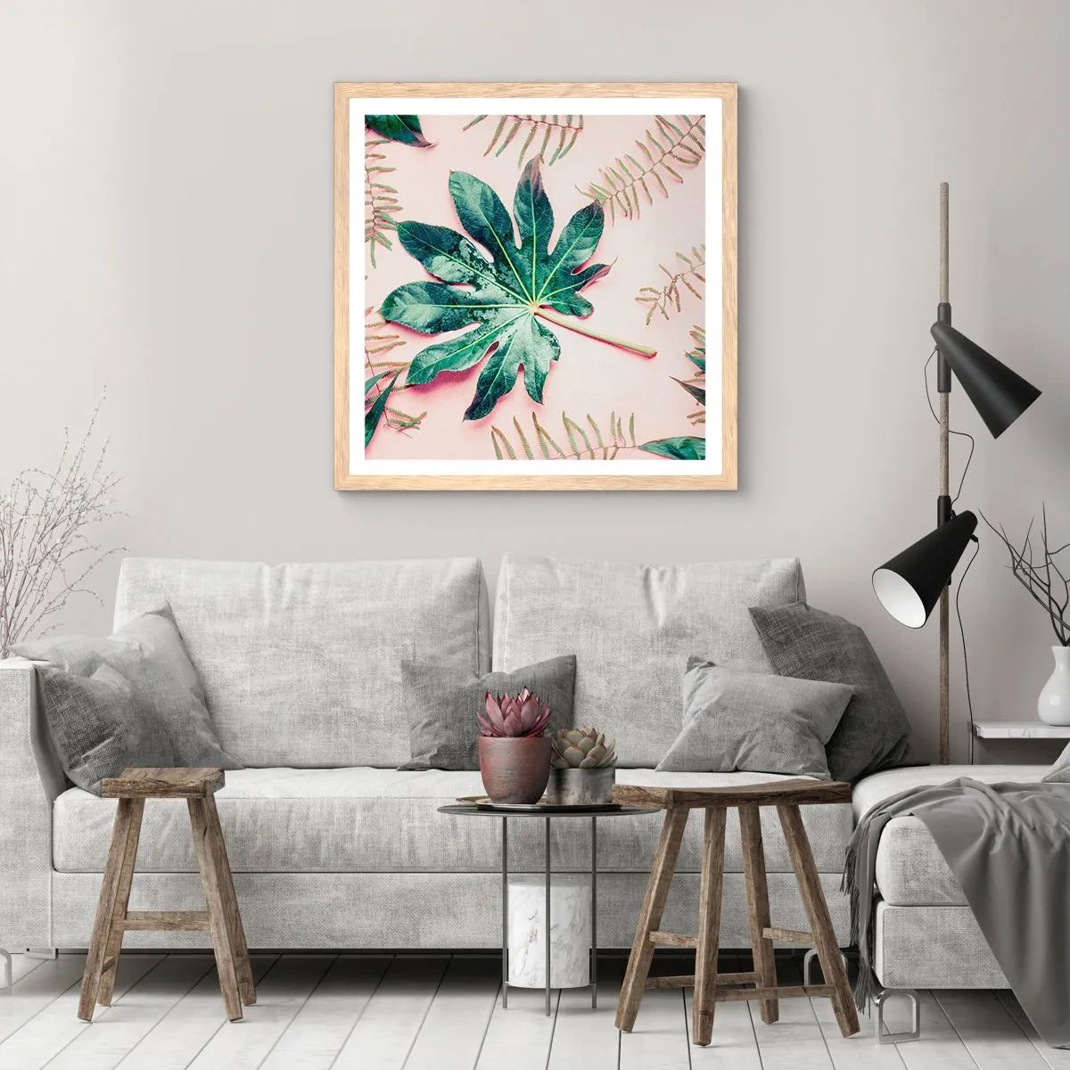 Poszter világos tölgy keretben - A zöld tanulmánya a rózsaszín háttérben - 40x40 cm