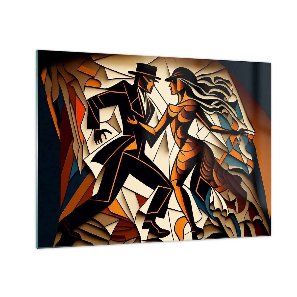 Üveg kép - Egy stilizált pár táncol dinamikus, absztrakt formában. - 70x50cm - Szenvedély és hév tánca - Modern fali dekoráció nappalihoz és hálószobához ARTTOR
