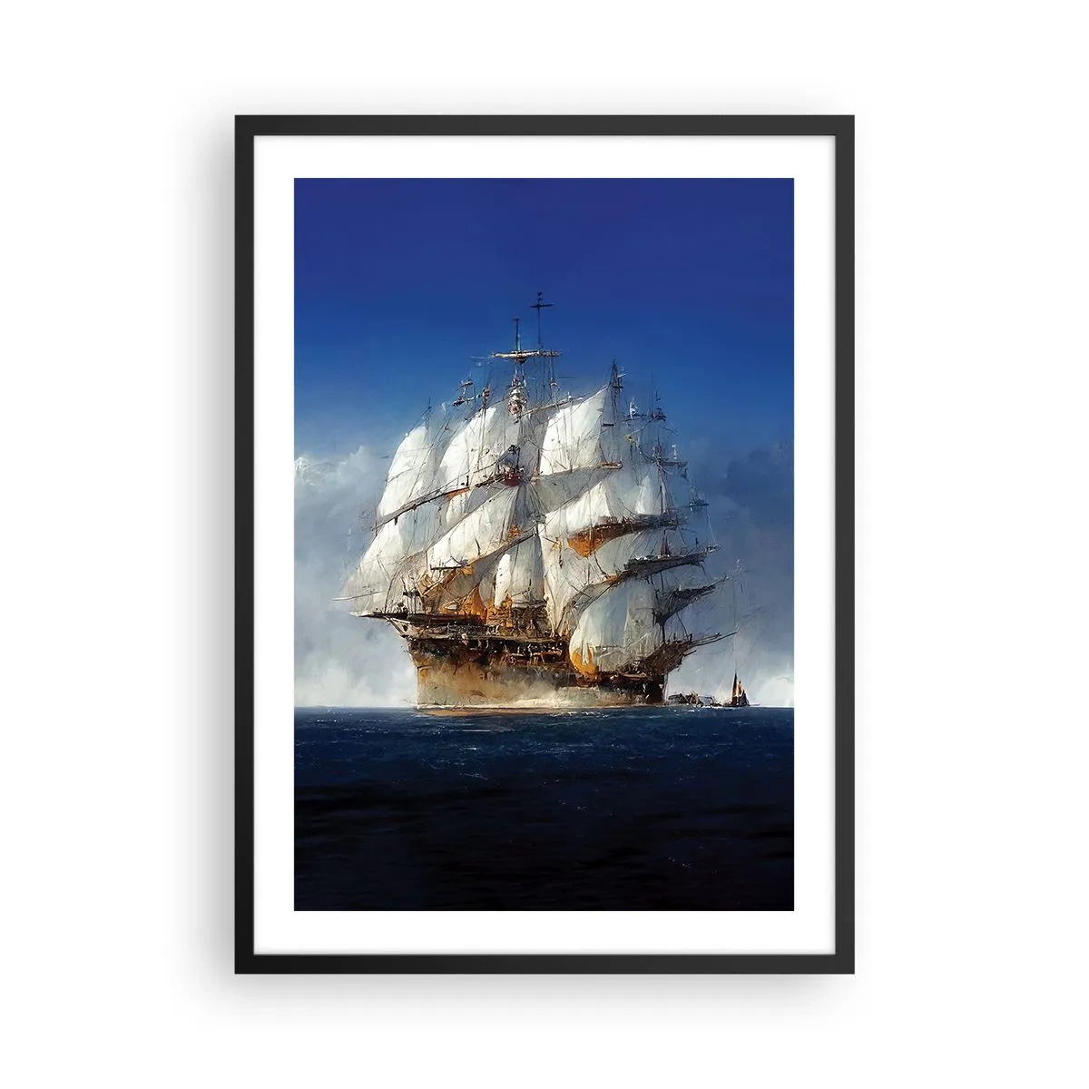 Poszter fehér keretben - Egy vitorlás hajó a nyílt tengeren teljes vitorlával a napfényben - 50x70cm - The great glory! - Modern fali dekoráció nappalihoz és hálószobához ARTTOR