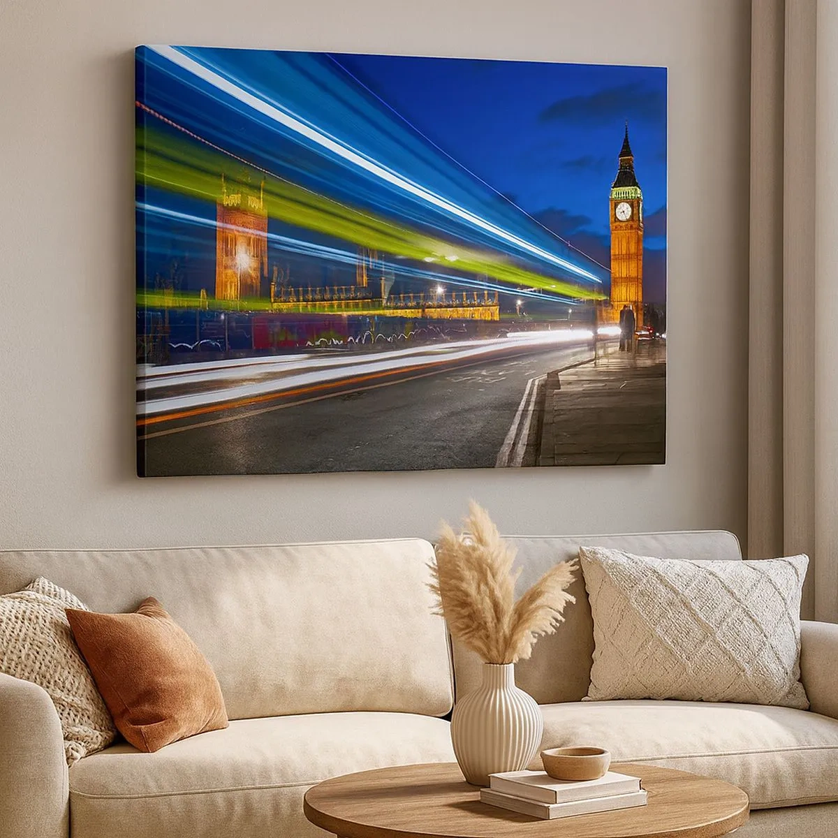 Vászonkép - Big Ben éjszaka az utcai forgalomban látható fények hatására - 70x50cm - Big Ben vigyázó szeme alatt - Modern fali dekoráció nappalihoz és hálószobához ARTTOR