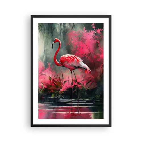 Poszter fehér keretben - Egy flamingó, rózsaszín növényzettel körülvéve a vízparton - 50x70cm - Egy lecke a természetes bájról - Modern fali dekoráció nappalihoz és hálószobához ARTTOR