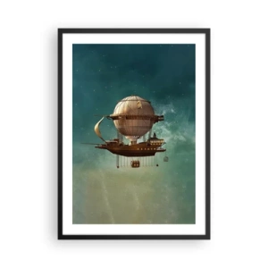 Poszter fehér keretben - Egy fantasztikus léghajó lebeg a csillagok között - 50x70cm - Julius Verne üdvözöl - Modern fali dekoráció nappalihoz és hálószobához ARTTOR