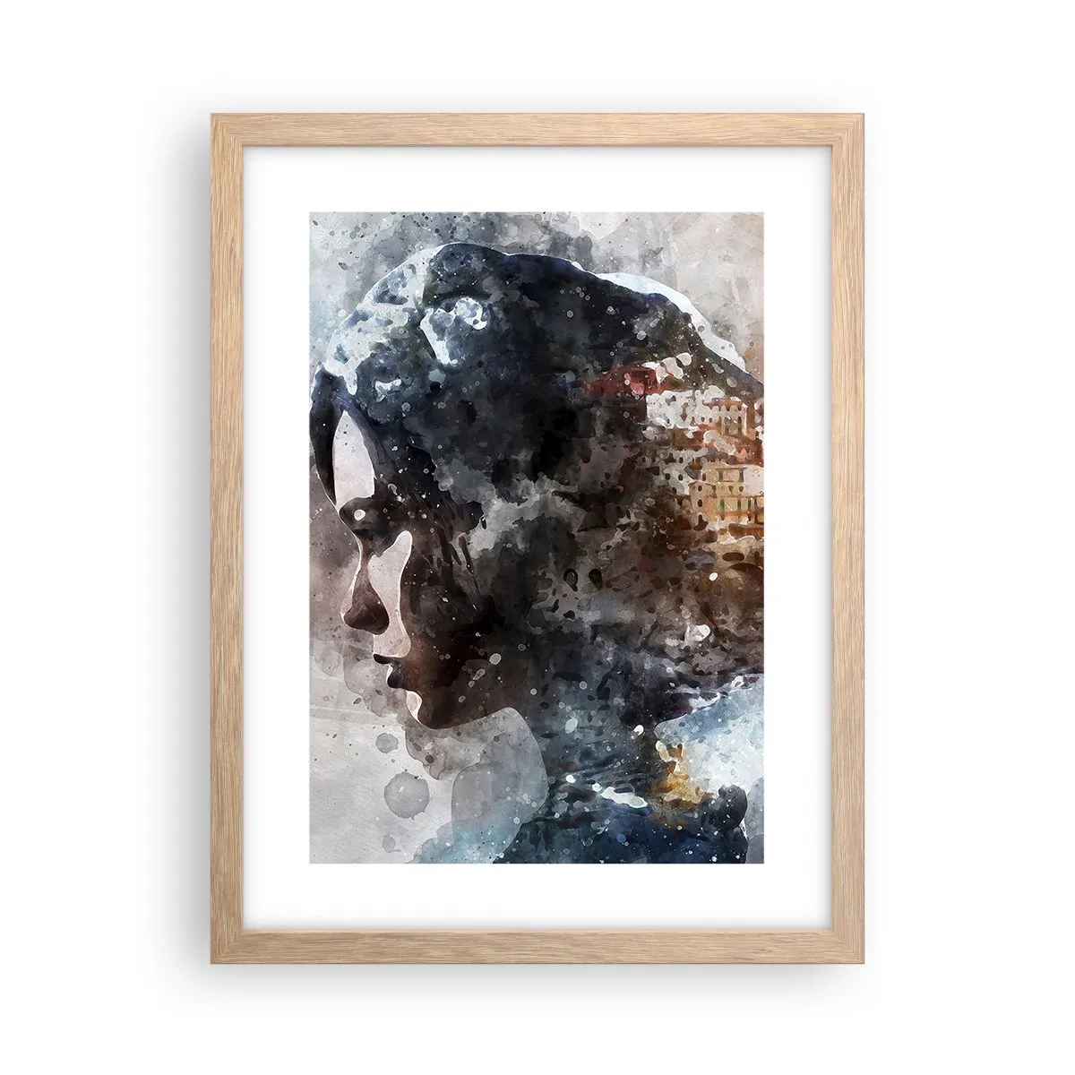 Poszter világos tölgy keretben - Történet egy lányról, várossal a háttérben - 30x40 cm