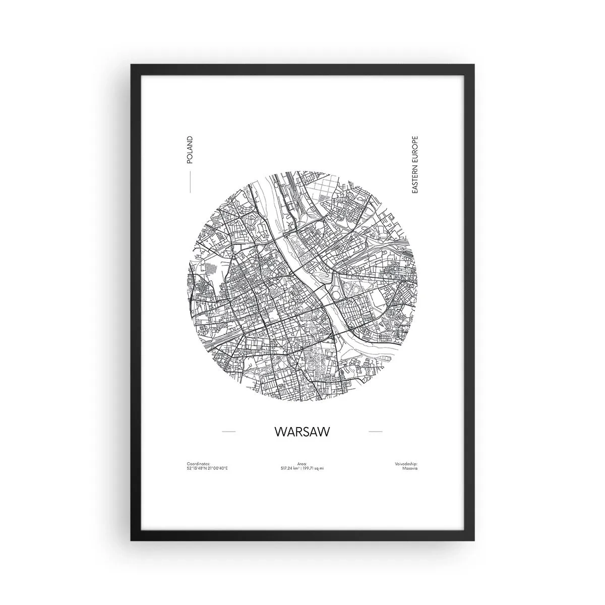 Poszter fehér keretben - Varsó minimalista térképe körben - 50x70cm - Varsó anatómiája - Modern fali dekoráció nappalihoz és hálószobához ARTTOR
