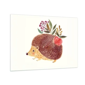 Üveg kép - Egy rajzfilm sün almával és gallyakkal a hátán - 70x50cm - És máris kedvelsz engem - Modern fali dekoráció nappalihoz és hálószobához ARTTOR