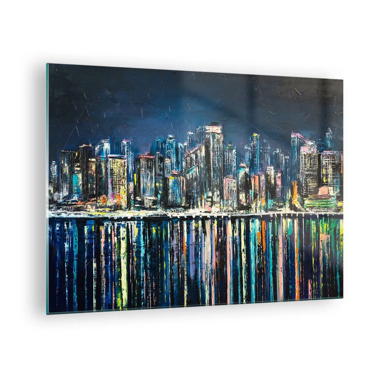 Üveg kép - A város éjszakai panorámája, a vízben tükröződő fényekkel - 70x50cm - Lámpák kaszkádja - Modern fali dekoráció nappalihoz és hálószobához ARTTOR
