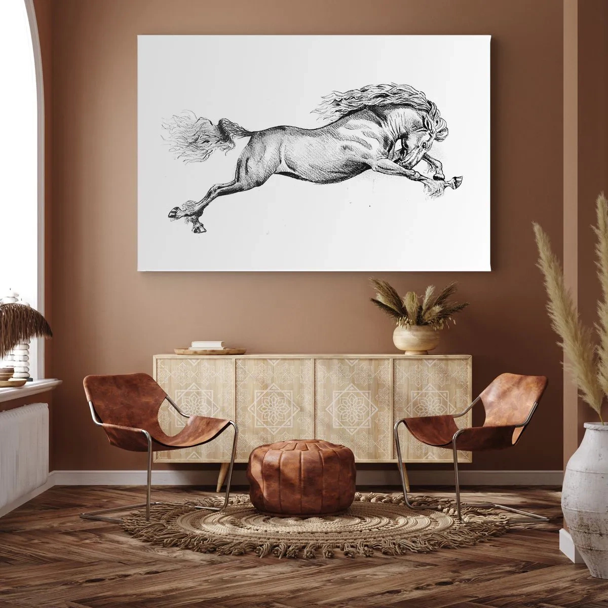 Vászonkép - Vázlat egy lóról, aki dinamikus vágtában van fehér alapon - 70x50cm - Vágtában megállítva - Modern fali dekoráció nappalihoz és hálószobához ARTTOR