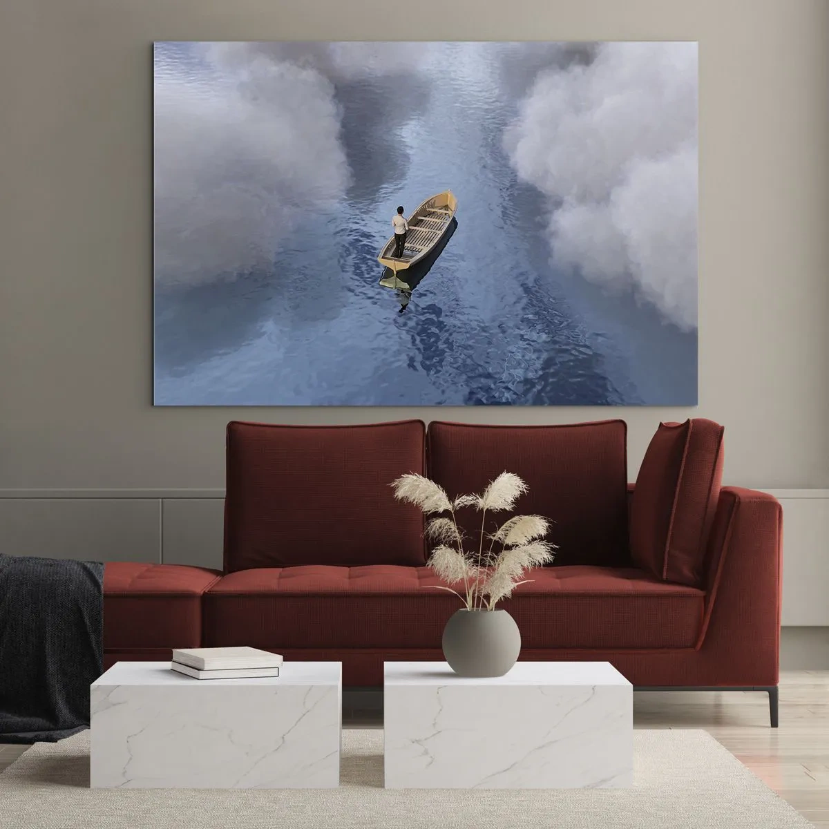 Üveg kép - Egy férfi egy csónakban vitorlázik a vízen a felhők között - 70x50cm - Az élet - az utazás - az ismeretlen - Modern fali dekoráció nappalihoz és hálószobához ARTTOR