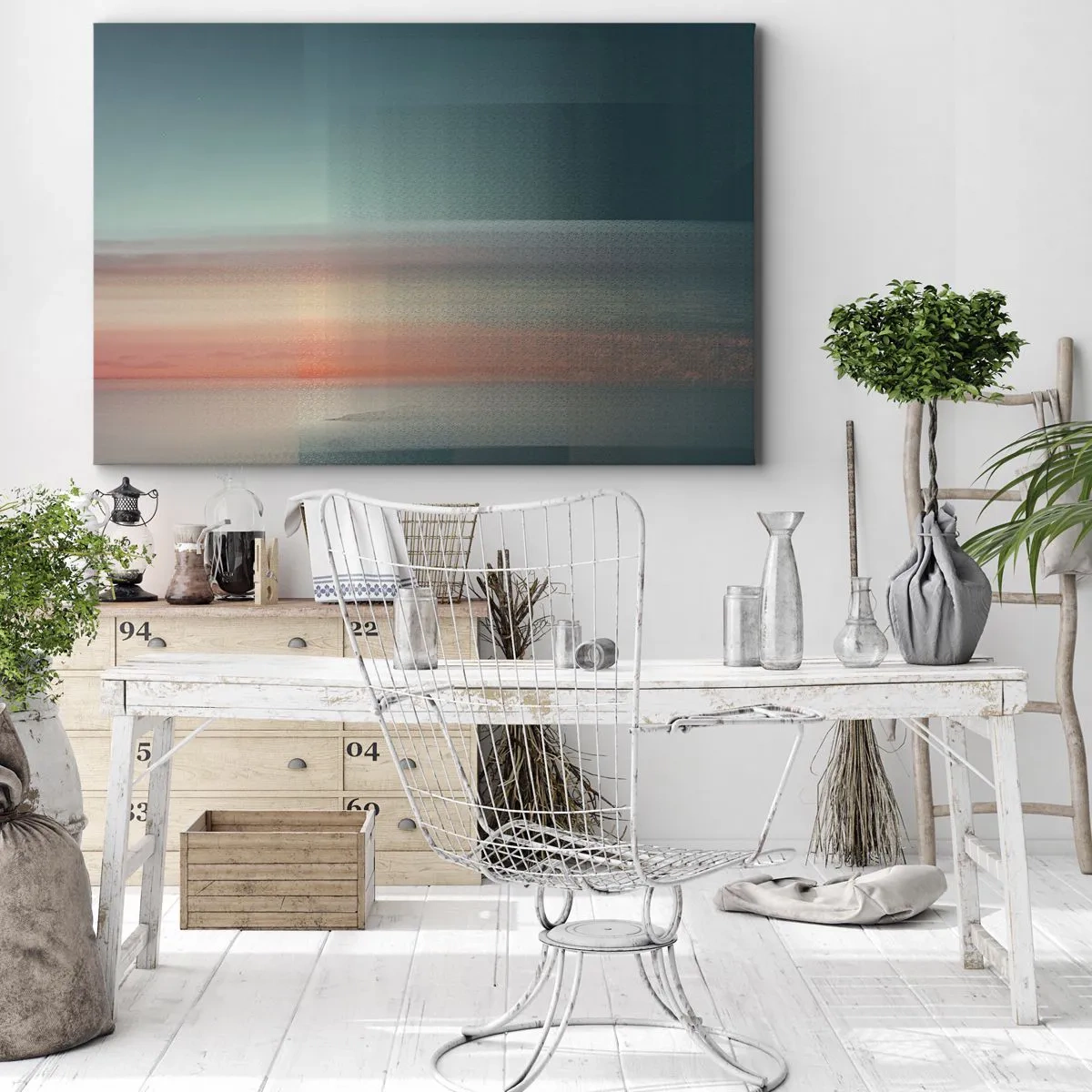 Vászonkép - Pasztell árnyalatú naplemente a nyugodt horizonton - 70x50cm - Absztrakt: fényhullámok - Modern fali dekoráció nappalihoz és hálószobához ARTTOR