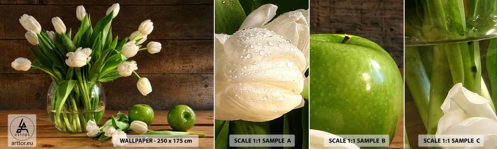 Fotótapéta Minta Standard Eco - Zamatos és friss zöldben és fehérben - Virágok, Tulipánok, Csokor virág - 100x30 cm