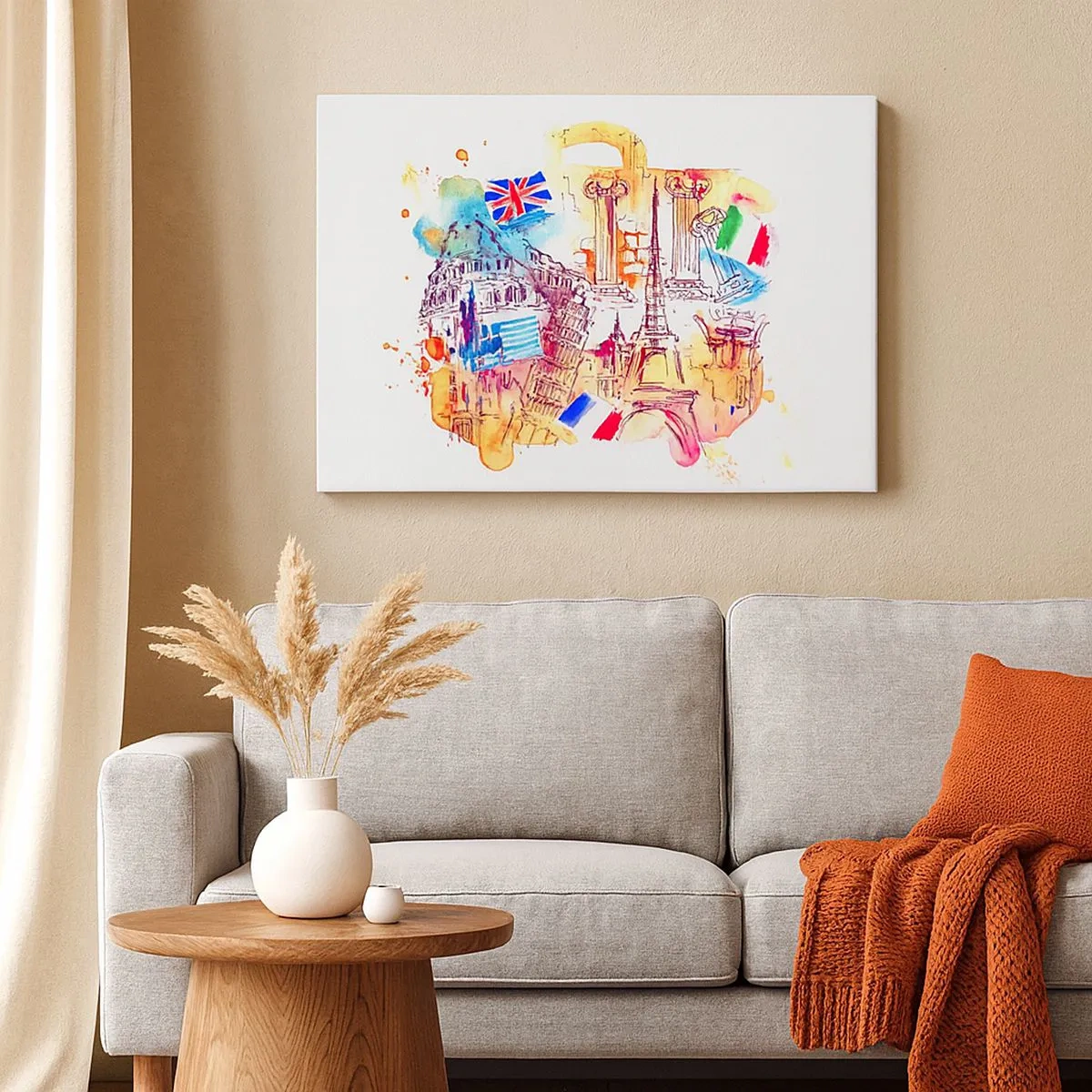 Vászonkép - Európai szimbólumok akvarellje országzászlókkal - 70x50cm - Európai körút - Modern fali dekoráció nappalihoz és hálószobához ARTTOR