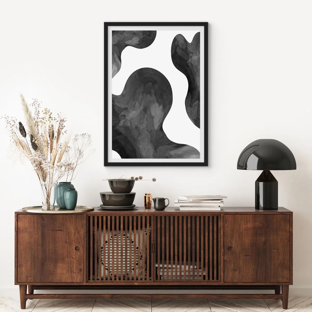 Poszter fehér keretben - Absztrakt kompozíció fekete-fehérben organikus formákkal - 50x70cm - A tejút - Modern fali dekoráció nappalihoz és hálószobához ARTTOR