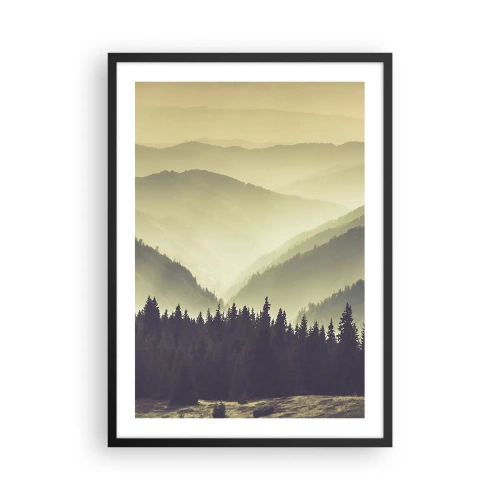 Poszter fehér keretben - Ködös panoráma hegyekre és erdőre - 50x70cm - Hegyeken túl… - Modern fali dekoráció nappalihoz és hálószobához ARTTOR