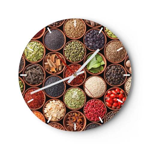 Falióra, Óra - Egy óra számlap színes fűszerek és gyógynövények motívumával, fa tálakban. - 30x30cm - A világ összes íze - Modern fali dekoráció nappalihoz, konyhához és hálószobához ARTTOR