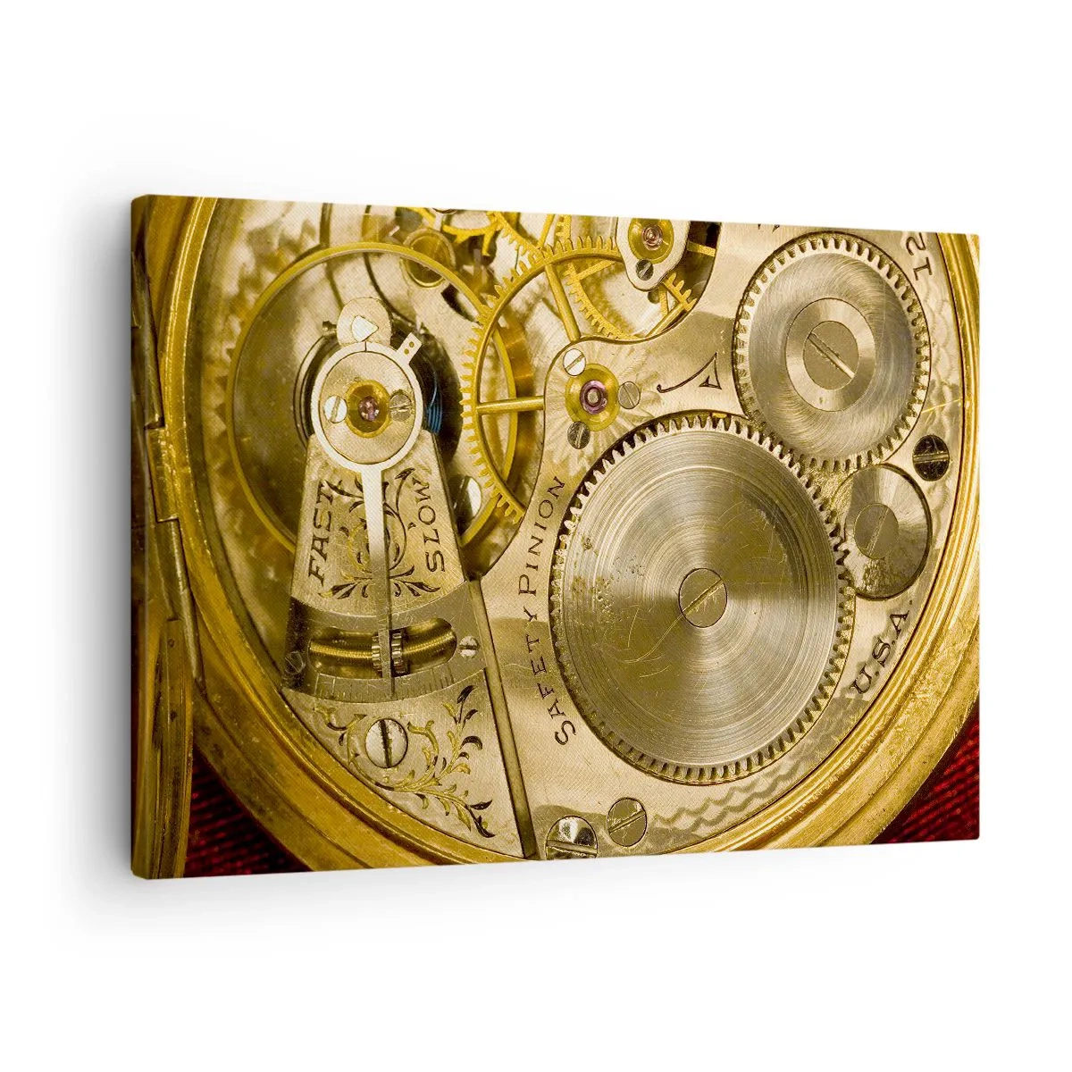 Vászonkép - Látható fogaskerekekkel és részletekkel ellátott óraszerkezet - 70x50cm - Haladj a korral - Modern fali dekoráció nappalihoz és hálószobához ARTTOR