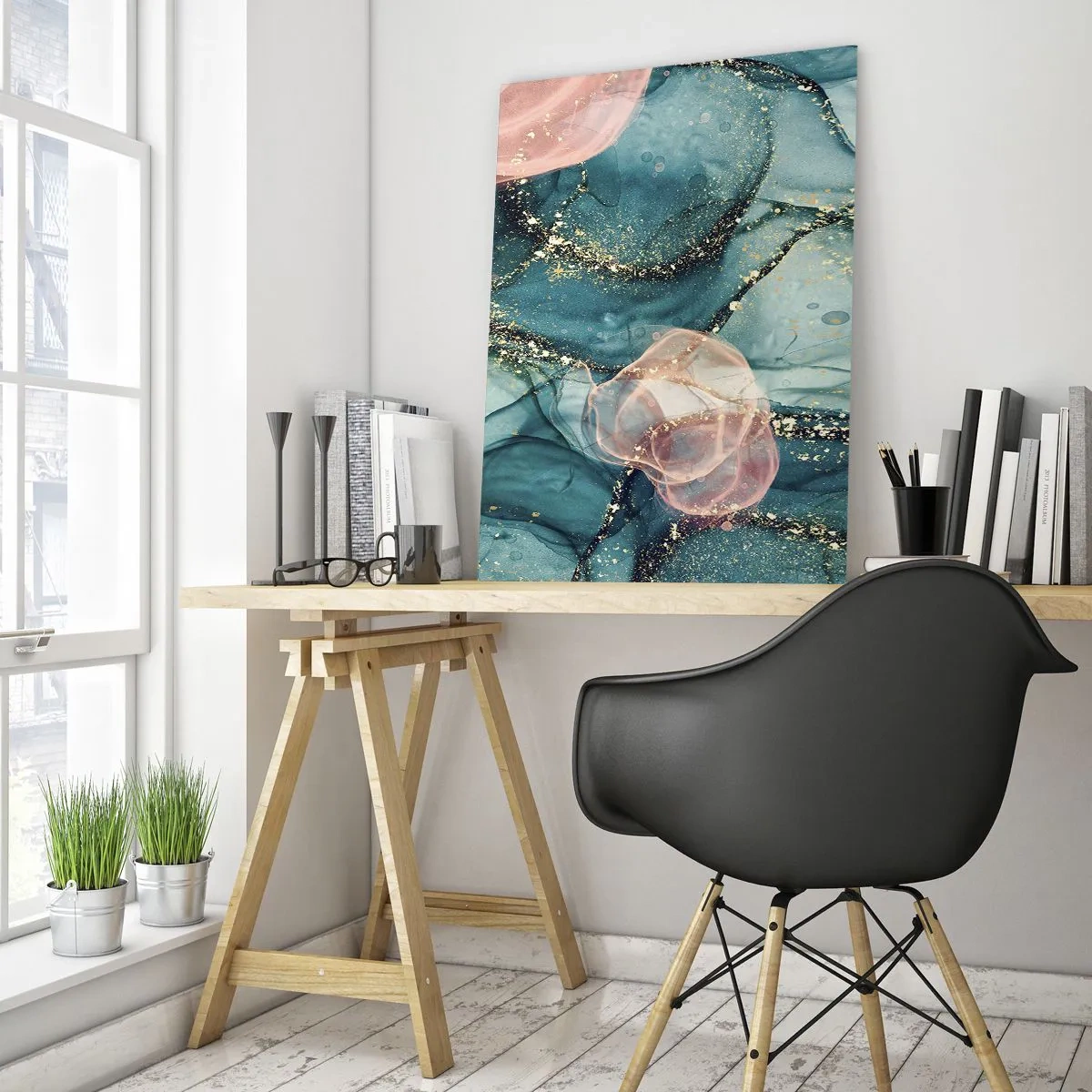Üveg kép - Selyemkék, tüll rózsaszín - 50x70 cm