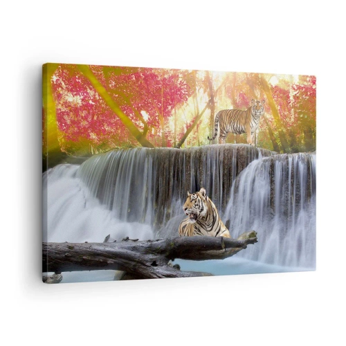 Vászonkép - Tigrisek egy vízesésnél az őszi erdőben - 70x50cm - Szürreális táj    - Modern fali dekoráció nappalihoz és hálószobához ARTTOR