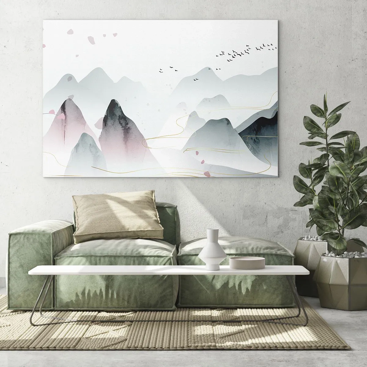 Üveg kép - Pasztell hegyek repülő madarak és arany vonalak csapatával - 70x50cm - A csúcsok fölött - Modern fali dekoráció nappalihoz és hálószobához ARTTOR