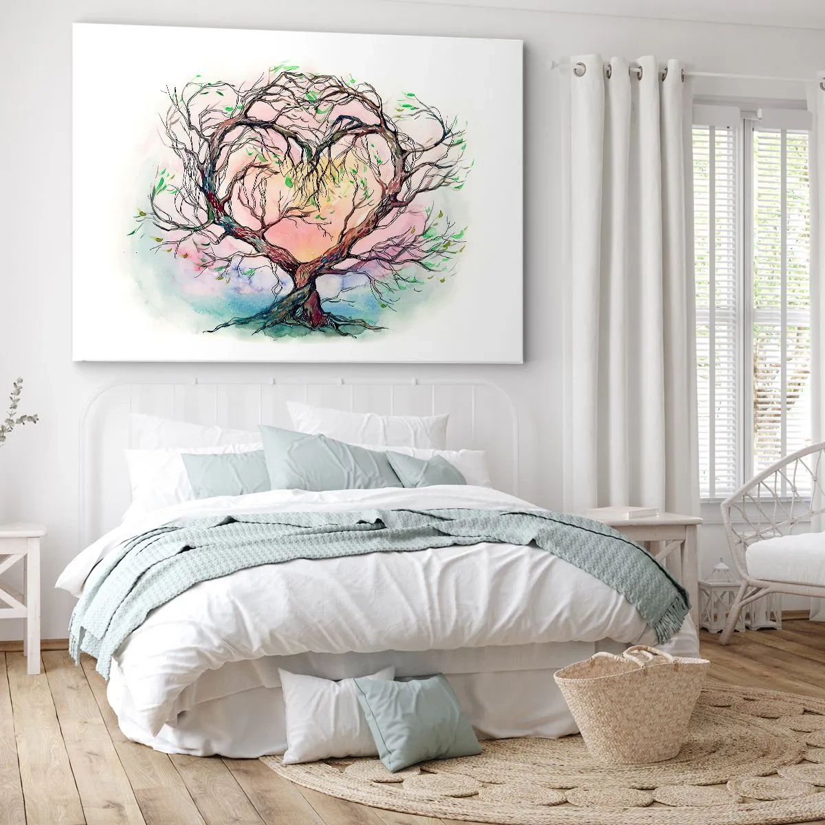 Vászonkép - Egy szív alakú fa finom pasztellszínek hátterében - 70x50cm - Együtt a viharok ellen - Modern fali dekoráció nappalihoz és hálószobához ARTTOR