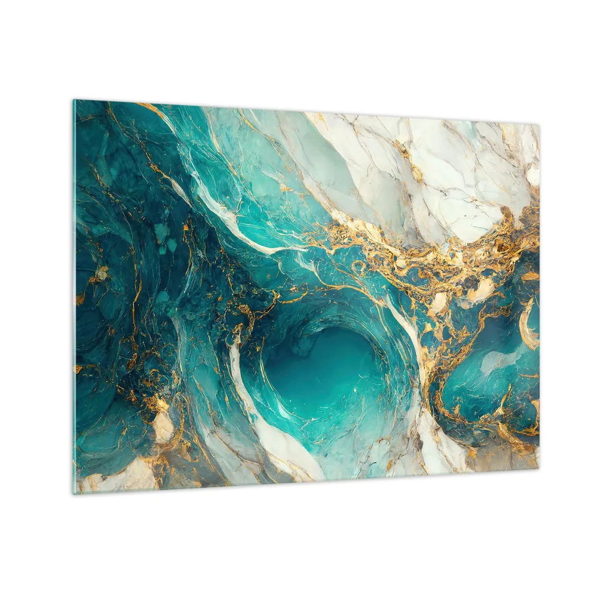 Üveg kép - Absztrakt kompozíció türkiz és arany erekkel - 70x50cm - Kompozíció aranyvénákkal - Modern fali dekoráció nappalihoz és hálószobához ARTTOR