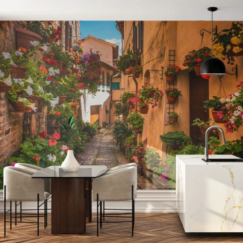 Fotótapéta Premium Sand - Olasz sikátor - Város, Virágok, Építészet - 450x315 cm