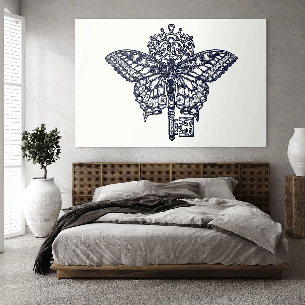 Üveg kép - Pillangó illusztrációja középen kulccsal - 70x50cm - A szív minden titka - Modern fali dekoráció nappalihoz és hálószobához ARTTOR