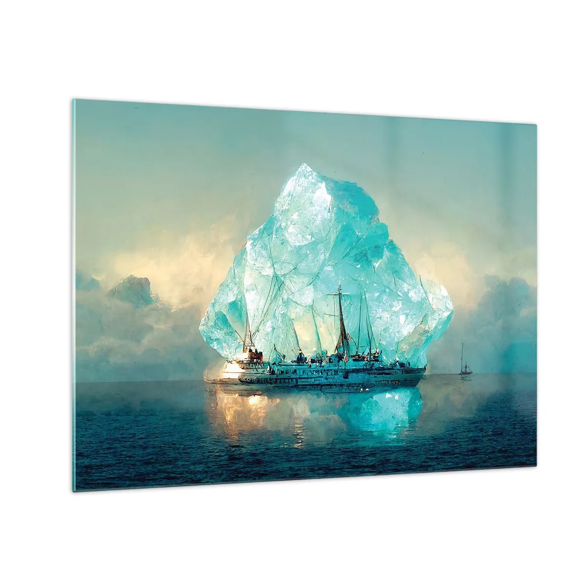 Üveg kép - Egy vitorláshajó egy hatalmas gleccser előtt az arktikus fényben. - 70x50cm - Sarkvidéki gyémánt - Modern fali dekoráció nappalihoz és hálószobához ARTTOR