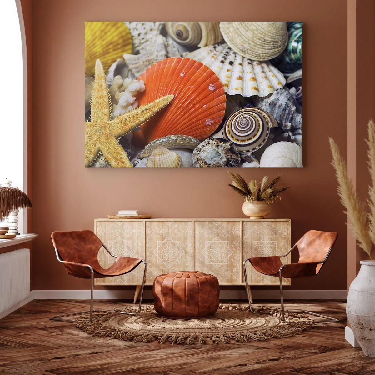 Vászonkép - Kagylók és tengeri csillagok tengeri kompozícióban - 70x50cm - Óceán kincsei - Modern fali dekoráció nappalihoz és hálószobához ARTTOR