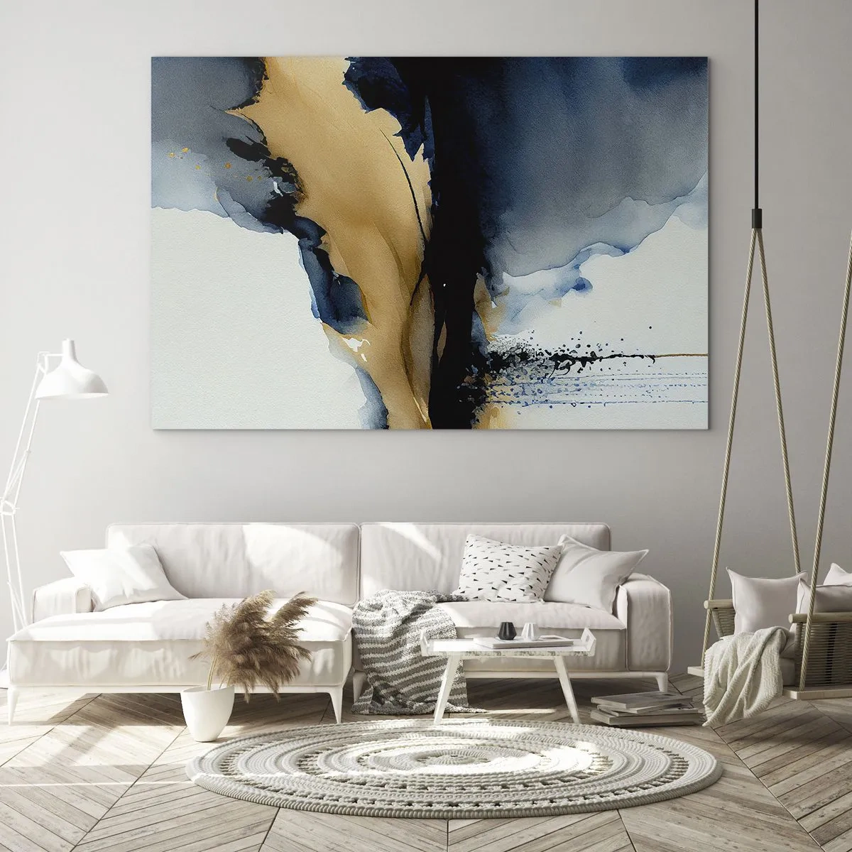 Üveg kép - Egy absztrakt kompozíció sötétkék és bézs árnyalatokban - 70x50cm - A fátyol mögött - Modern fali dekoráció nappalihoz és hálószobához ARTTOR