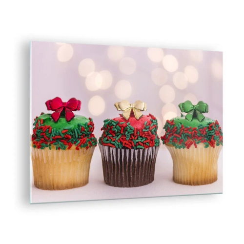 Üveg kép - Karácsonyi cupcakesek masni díszítéssel - 70x50cm - Édesség a kokárdáig - Modern fali dekoráció nappalihoz és hálószobához ARTTOR