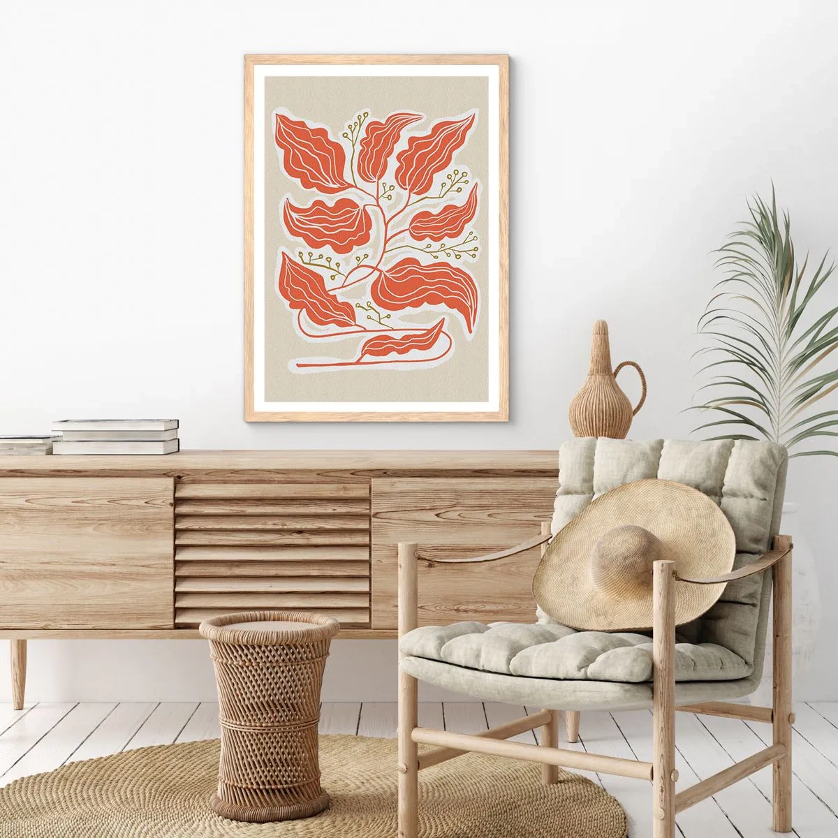 Poszter világos tölgy keretben - Népi és korall - 50x70 cm