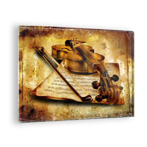 Üveg kép - Hegedű kották vintage háttérrel - 70x50cm - Azonnal szükség van egy virtuózra - Modern fali dekoráció nappalihoz és hálószobához ARTTOR