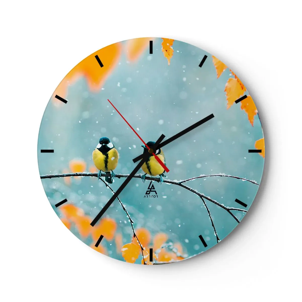 Falióra, Óra - Két cinegék egy hófödte ágon téli tájban - 30x30cm - Madárpletykák - Modern fali dekoráció nappalihoz, konyhához és hálószobához ARTTOR