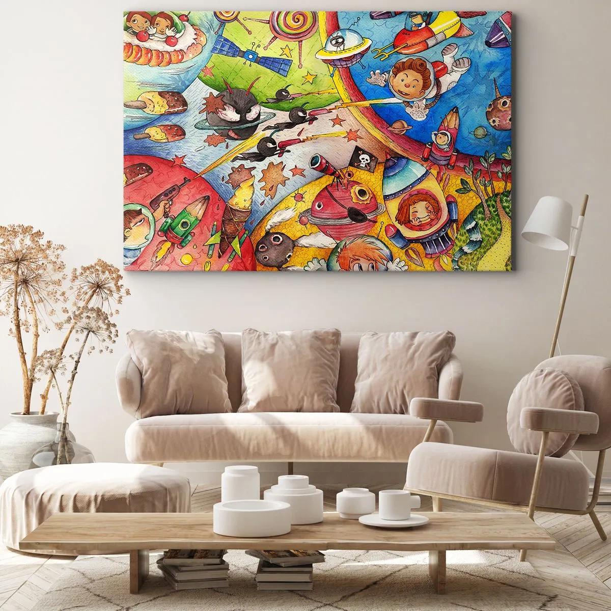 Vászonkép - Színes űrjelenet tele gyerekekkel és űrhajókkal - 70x50cm - Nagy űrkaland - Modern fali dekoráció nappalihoz és hálószobához ARTTOR