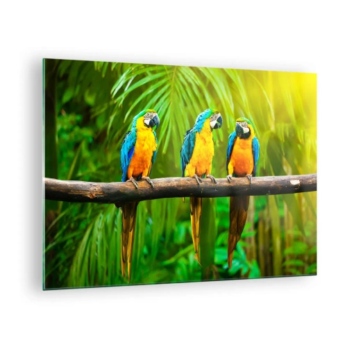Üveg kép - Három ara papagáj egy ágon egy trópusi erdőben - 70x50cm - És hallottad, hogy ő…? - Modern fali dekoráció nappalihoz és hálószobához ARTTOR