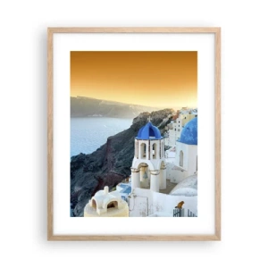 Poszter világos tölgy keretben - Santorini – rásimulva a sziklákra - 40x50 cm