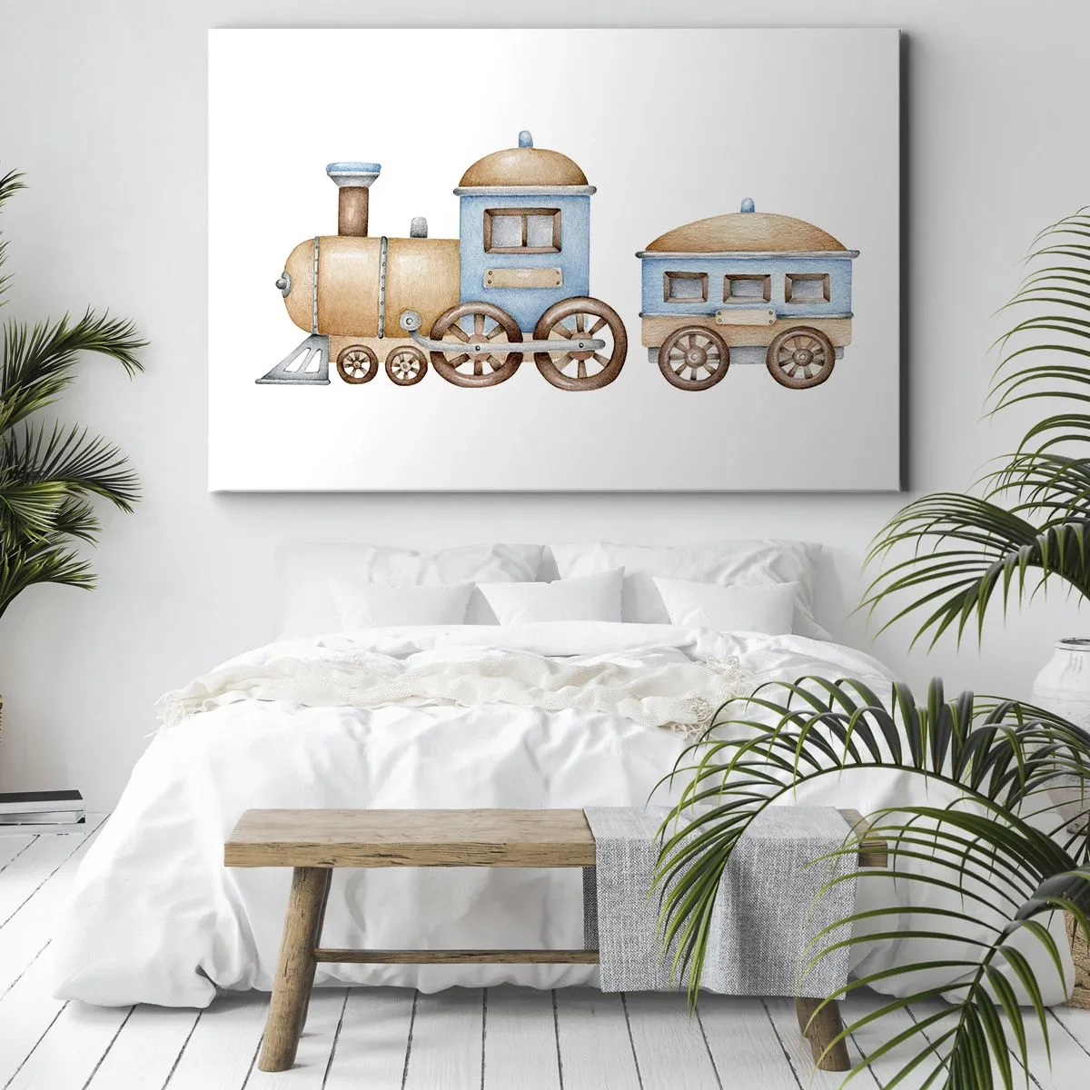 Vászonkép - Vonat rajza pasztell árnyalatokban fehér alapon - 70x50cm - Az állomáson állva... - Modern fali dekoráció nappalihoz és hálószobához ARTTOR