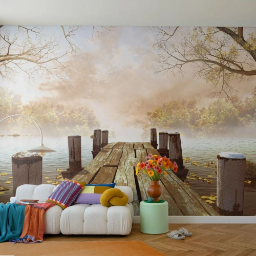 Fotótapéta Premium Canvas - Az ősz enyhe szomorúsága - Tájkép, Tó, Fa híd - 450x315 cm