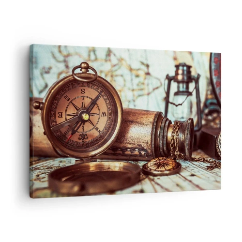 Vászonkép - Retró szett iránytűvel, távcsővel és utazási témájú térképpel - 70x50cm - Kalóz kaland vár a Karib-térségben - Modern fali dekoráció nappalihoz és hálószobához ARTTOR