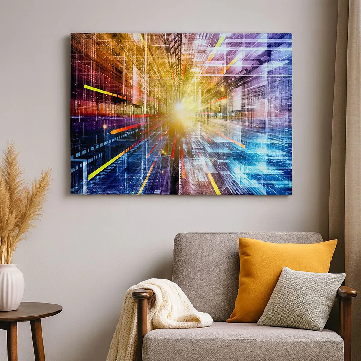Vászonkép - Dinamikus fények egy futurisztikus folyosón - 70x50cm - Fényes folyosó - Modern fali dekoráció nappalihoz és hálószobához ARTTOR