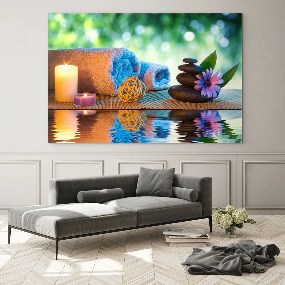 Üveg kép - Fürdő törölközőkkel, gyertyákkal és kövekkel, természetes háttér előtt - 70x50cm - Idő a testnek - Modern fali dekoráció nappalihoz és hálószobához ARTTOR