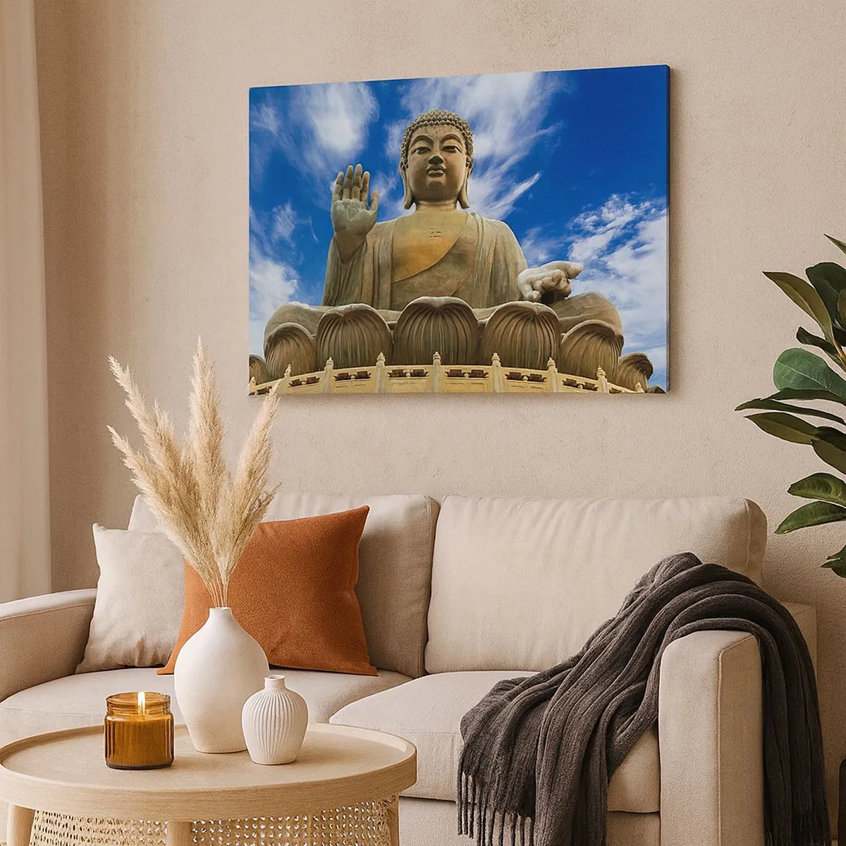 Vászonkép - Egy monumentális Buddha-szobor a kék ég és a felhők ellen - 70x50cm - Élj félelem nélkül - Modern fali dekoráció nappalihoz és hálószobához ARTTOR