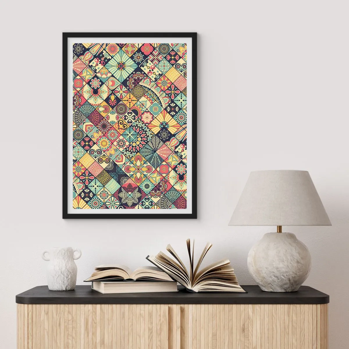 Poszter fehér keretben - Színes mozaikszerű minta - 50x70cm - Marokkói hangulat - Modern fali dekoráció nappalihoz és hálószobához ARTTOR