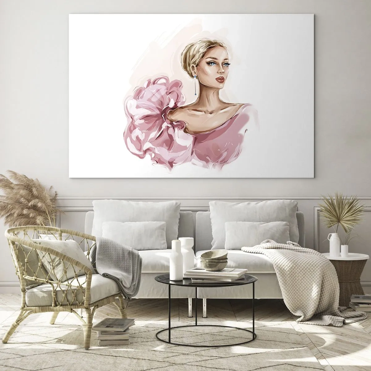 Üveg kép - Stilizált portré egy rózsaszín ruhás nőről - 70x50cm - Mintha festett lenne… - Modern fali dekoráció nappalihoz és hálószobához ARTTOR