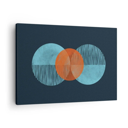 Vászonkép - Geometriai körök kék és narancssárga árnyalatokban - 70x50cm - Szimmetrikus kompozíció - Modern fali dekoráció nappalihoz és hálószobához ARTTOR